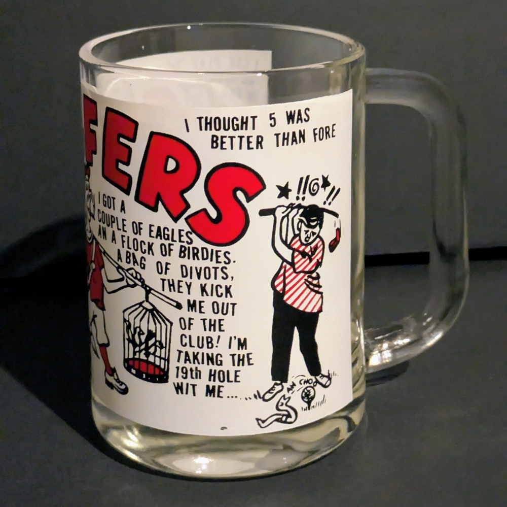 Vintage Glass Beer Mug Humorous Golf Themed Cartoon Graphics Jokes
